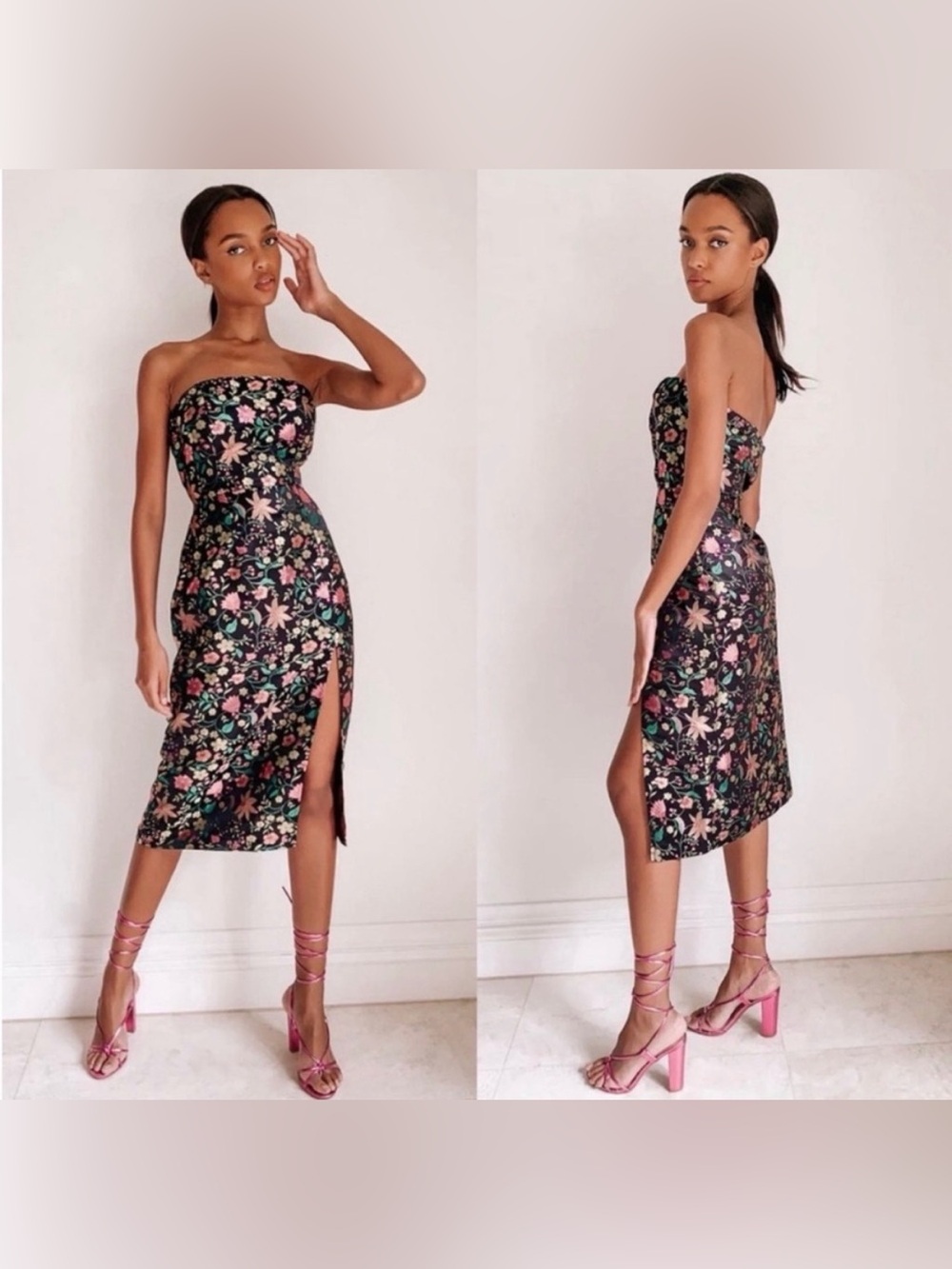 Lulu's Black Satin Floral Slip Dress with Pink & Green Embroidery
